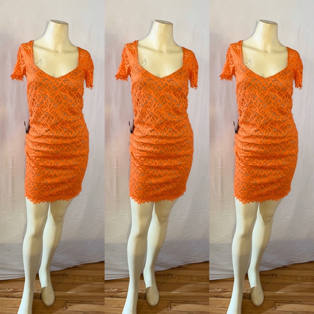 Bebe Orange Lace Dress w Nude Lining NWT - Size XS